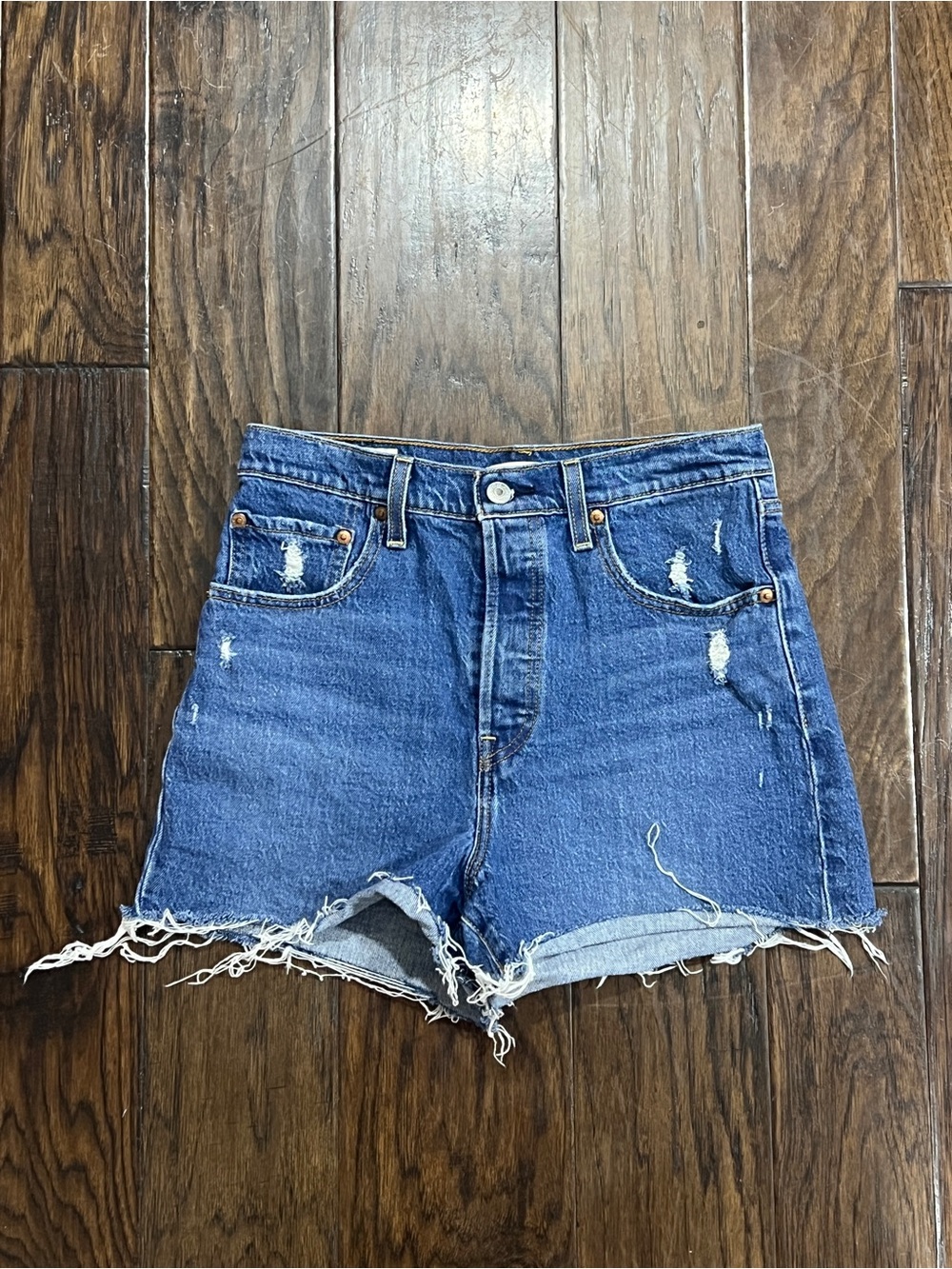 Levi's Ribcage High Rise Distressed Denim Cutoff Shorts Size 28